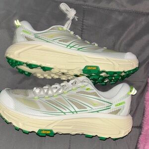 Hoka Cream and Green Trail Shoes